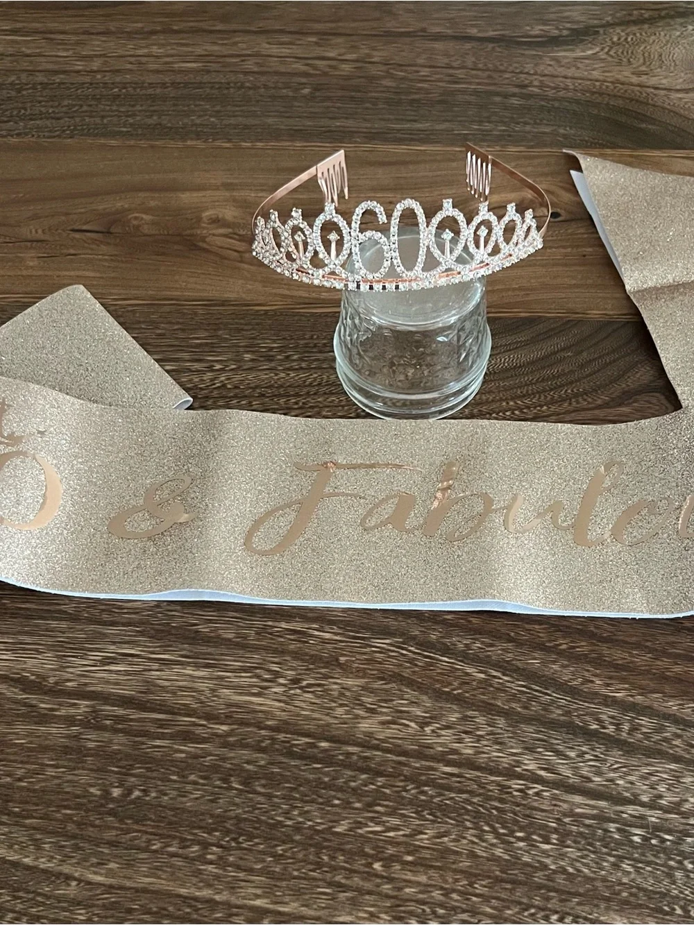 Rhinestone 60th birthday tiara rose gold w/sparkling crystal numbers & sash